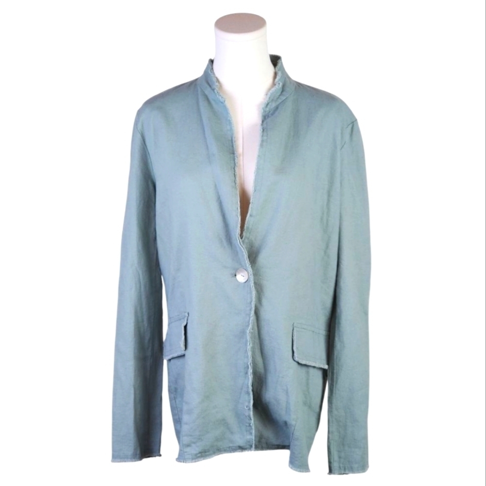 Carré Noir Sage Green Linen Blend Raw Edge Relaxed Blazer Jacket M